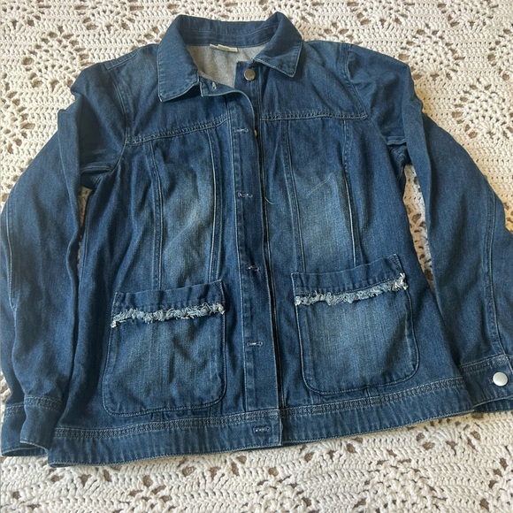 J Jill Denim Jacket Blue Jean Size Small Fringe Trim Button Womens Shacket - Picture 1 of 13